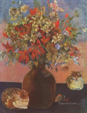  gatos Pintura - Naturaleza muerta con gatos Paul Gauguin flores